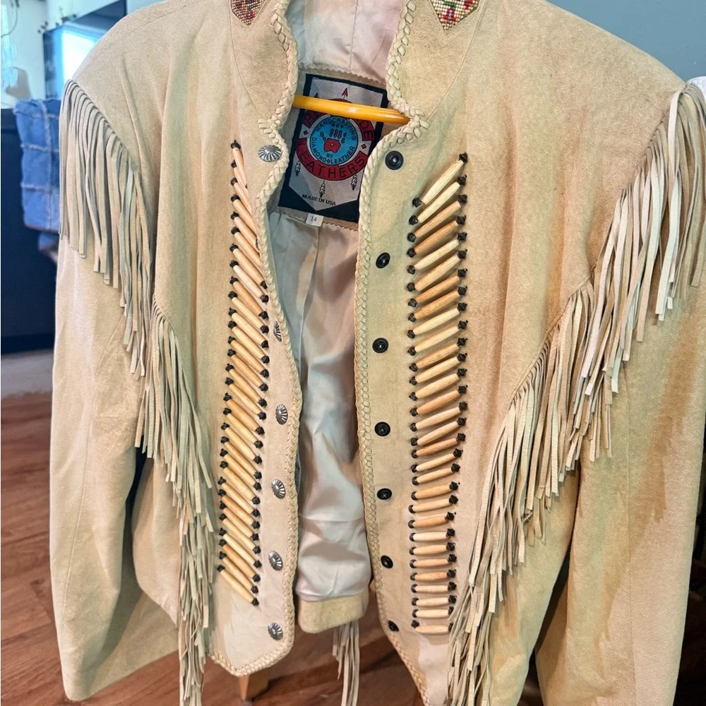Beige Fringed Leather Jacket - Picture 1 of 9